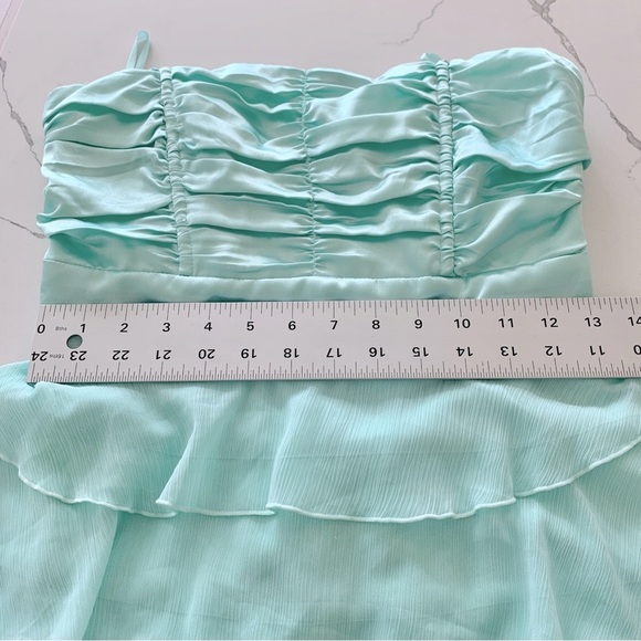 Mint Green Satin Layered Ruffle Chiffon Strapless Party Mini Dress - Picture 10 of 14